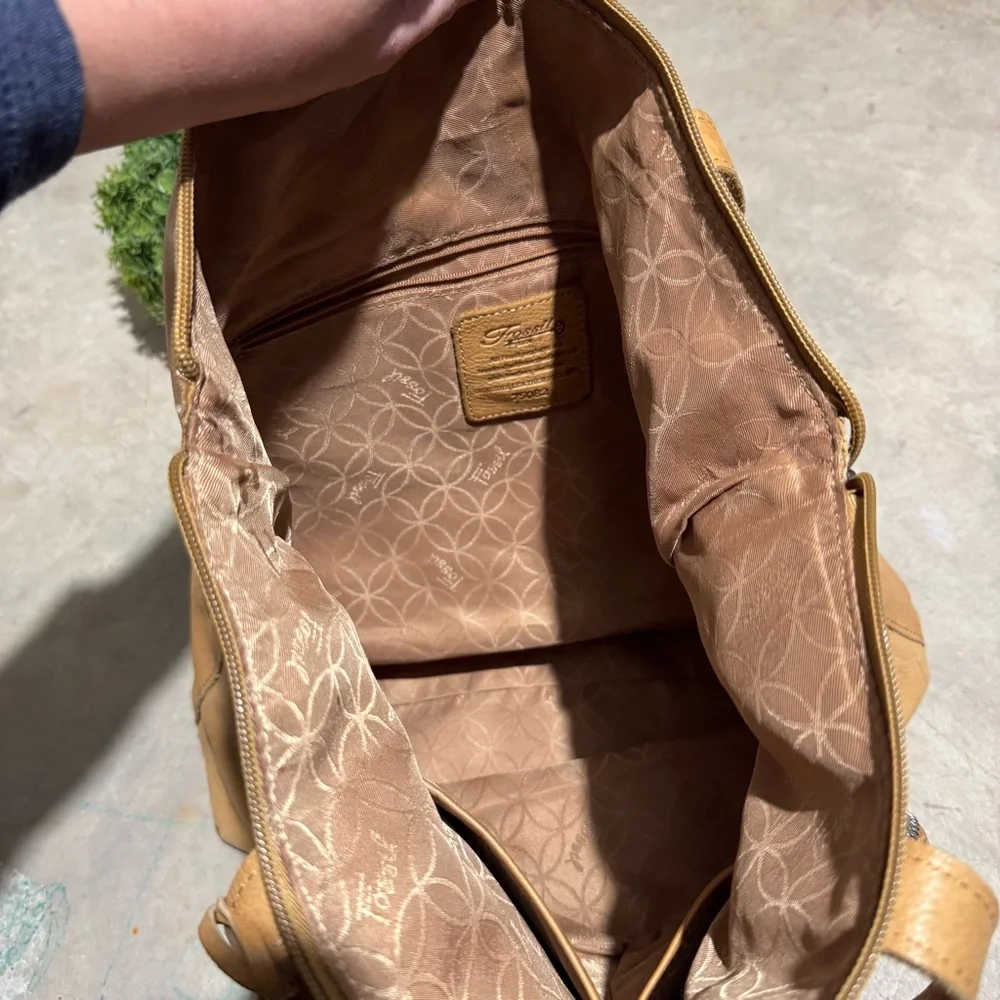 Fossil Tan Leather Shoulder Tote Bag‎ Purse Boho Hippie Western Southwest Fall